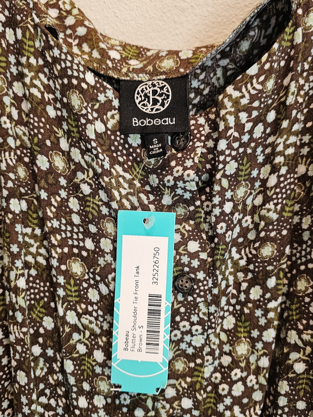 Bobeau Brown Floral Button Front Top with Front Tie, NWT, Size S